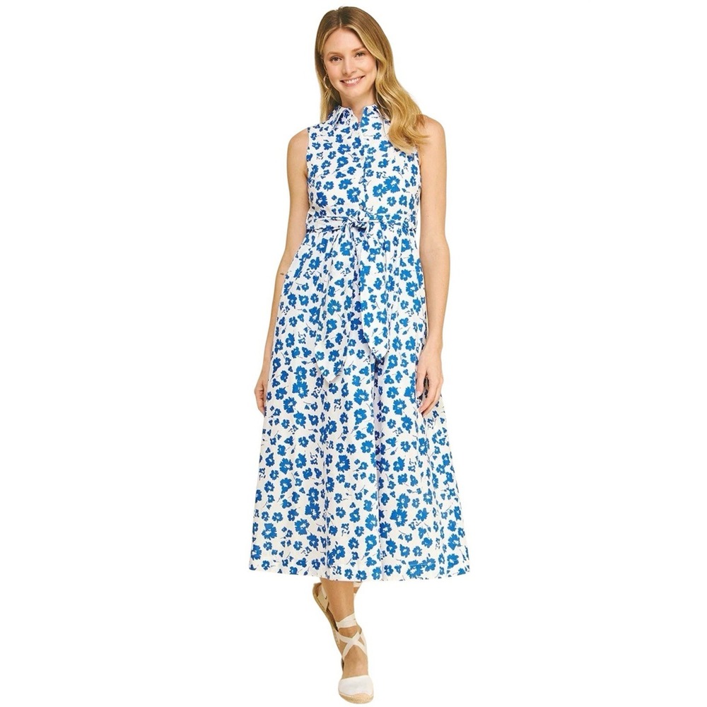 NWT Pinch Maureen Sz M Floral Midi Sleeveless Shirt Dress W/Belt Blue Cotton